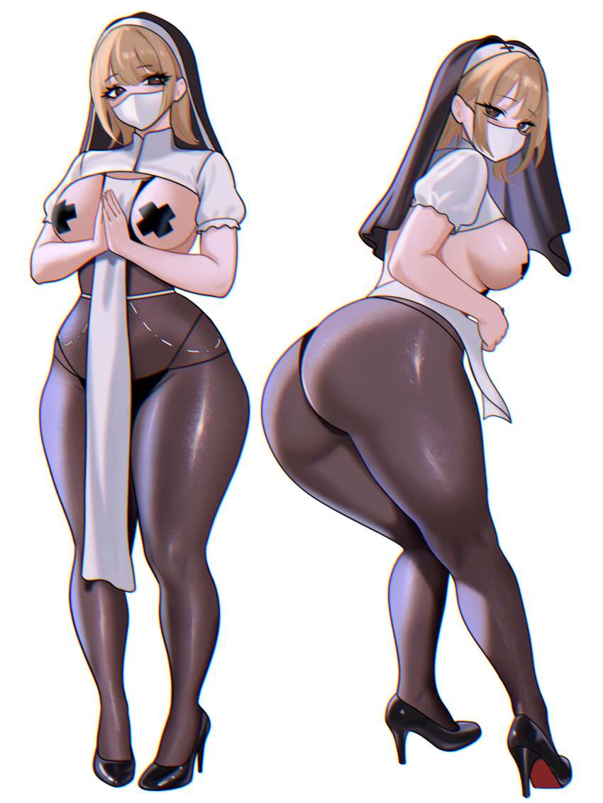 1girl absurdres adramallih ass black_eyes black_shoes blonde_hair breasts collar commentary english_commentary facing_viewer headdress high_heels highres looking_at_viewer mask medium_breasts mouth_mask nun original own_hands_together pantyhose shoes simple_background standing white_background