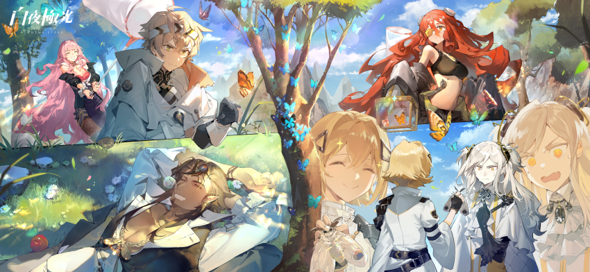 3boys 3girls @_@ ^_^ ahoge alchemy_stars animal asymmetrical_sleeves bare_shoulders belt belt_buckle black_belt black_gloves black_jacket black_pants black_shirt black_skirt black_sports_bra black_vest blonde_hair blue_butterfly bra breasts brown_hair brown_pantyhose buckle bug butterfly butterfly_net capelet character_request chinese_commentary cleavage closed_eyes closed_mouth coat collared_capelet collared_shirt colored_eyelashes commentary_request copyright_name dadijiji day detached_sleeves eyepatch facial_hair frilled_slingshot_swimsuit from_behind gloves goatee grass grin hair_ornament hand_net hat headband high_collar highres holding holding_animal holding_butterfly_net i_have_two_sides_(meme) insect bug_cage jacket large_breasts leaf light_frown long_hair long_sleeves looking_at_another lying meme moth mountain multiple_boys multiple_girls multiple_views navel nervous_sweating nose_bubble object_through_head official_art on_back orange_butterfly orange_eyes outdoors outstretched_hand pants pantyhose pectoral_cleavage pectorals pink_hair pointy_ears red_bra red_hair screw_in_head shirt short_hair skirt sleeping sleeves_past_fingers sleeves_past_wrists smile sports_bra stomach sweat tree underwear v-shaped_eyebrows very_long_hair vest wavy_mouth white_capelet white_coat white_hat white_headband white_sleeves white_wrist_cuffs wrist_cuffs yellow_eyes