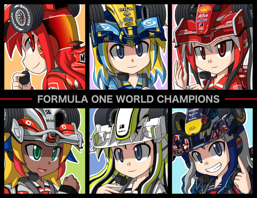 6+girls annotated bad_id bad_pixiv_id blue_eyes chibi dark_skin dark-skinned_female fernando_alonso ferrari formula_one gender_request genderswap green_eyes headset helmet highres jenson_button kimi_raikkonen lewis_hamilton mercedes-benz michael_schumacher miyako_(f1) miyako_f1 multicolored_hair multiple_girls personification red_bull red_eyes renault sebastian_vettel