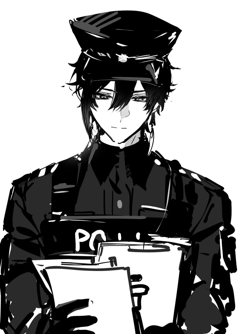 1boy absurdres alternate_costume document files genshin_impact greyscale hamtaru542899 highres monochrome mors_gn police police_uniform solo solo_focus twitter white_background zhongli_(genshin_impact)