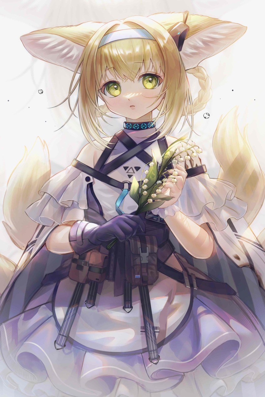 1girl absurdres animal_ear_fluff animal_ears apron arknights bare_shoulders blonde_hair blouse blue_hairband blue_skirt braid braided_hair_rings commentary_request earpiece flower fox_ears fox_girl fox_tail gloves green_eyes grey_background hair_between_eyes hair_rings hairband hands_up highres holding holding_flower infection_monitor_(arknights) kitsune lily_of_the_valley material_growth oripathy_lesion_(arknights) pleated_skirt purple_gloves shirt sidelocks single_glove skirt solo suzuran_(arknights) tail twin_braids waist_apron water_drop weizhi white_apron white_flower white_shirt