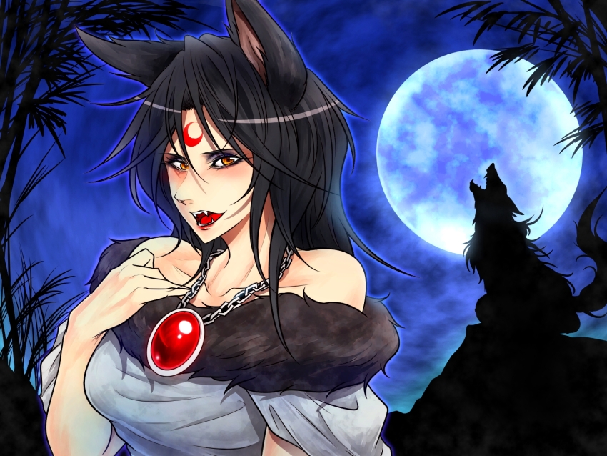 1girl animal_ears bamboo black_hair blue_sky breasts brown_hair chain chain_necklace commentary_request crescent_tattoo dress fangs forehead_tattoo full_moon gem highres imaizumi_kagerou jewelry long_hair looking_at_viewer medium_breasts moon necklace off-shoulder_dress off_shoulder open_mouth orange_eyes red_gemstone ryuuichi_(f_dragon) sky smile solo touhou upper_body white_dress wolf wolf_ears wolf_girl