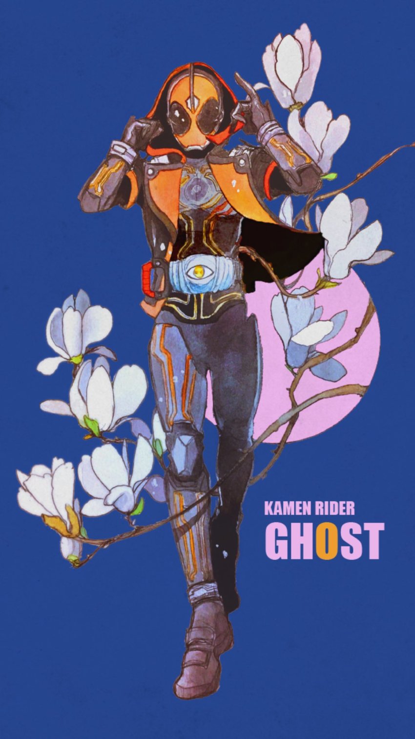 1boy belt blue_background character_name commentary_request copyright_name rider_belt flower full_body ghost_driver glowing highres hood horns jacket jo_mawe kamen_rider kamen_rider_ghost kamen_rider_ghost_(series) male_focus mask ore_damashii parka rider_belt single_horn solo standing tokusatsu waterpaint white_flower