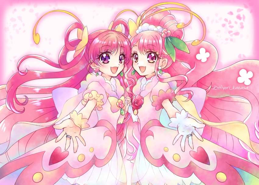 2girls :d absurdres back_bow blush bow coat commentary_request cowboy_shot cure_dream cure_grace dream_cure_grace dress earrings flower frills gloves hair_bun hair_flower hair_ornament hair_rings hanadera_nodoka healin&#039;_good_precure healin&#039;_good_precure:_yume_no_machi_de_kyun!_tto_gogo!_daihenshin!! heart highres holding_hands huge_bow in-franchise_crossover jewelry kazusa_hiyori long_hair looking_at_viewer magical_girl multicolored_bow multiple_girls open_mouth outstretched_hand partial_commentary pink_coat pink_eyes pink_flower pink_hair pink_rose pink_theme precure puffy_sleeves purple_eyes revision ring rose single_hair_bun smile standing symmetrical_pose symmetry twitter_username white_dress white_gloves yes!_precure_5 yes!_precure_5_gogo! yumehara_nozomi