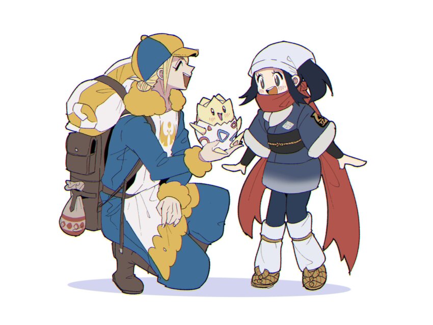 1boy 1girl ^_^ akari_(pokemon) bag black_hair blonde_hair blush boots closed_eyes full_body galaxy_expedition_team_survey_corps_uniform gen_2_pokemon ginkgo_guild_uniform hat headscarf highres holding holding_pokemon long_sleeves mogutory nintendo on_one_knee open_mouth pants pokemon pokemon_(creature) pokemon_legends:_arceus red_scarf scarf simple_background standing teeth togepi upper_teeth_only volo_(pokemon) white_background white_headscarf