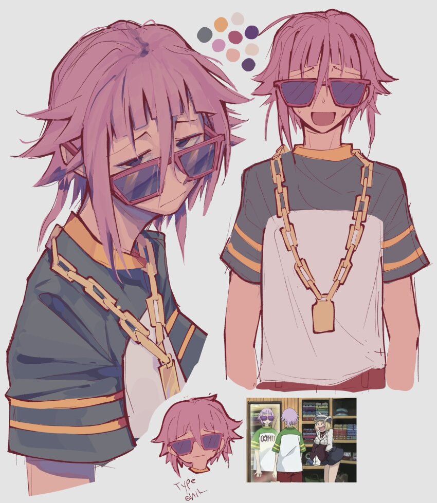 1other :d alternate_design anime_screenshot_inset baggy_clothes chain chibi chibi_inset color_guide commentary crona_(soul_eater) english_commentary english_text furrowed_brow gold_chain hair_between_eyes highres kaligraphy messy_hair nervous_sweating open_mouth patricia_thompson pink_hair smile soul_eater sunglasses sweat