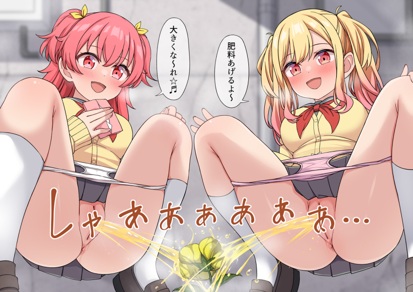 2girls alley anus blonde_hair blush bow bow_panties breasts breath brown_shoes cardigan censored crotch_seam fang flower grey_shirt grey_skirt hair_ribbon hand_on_own_knee hands_on_own_knees hekomii holding kneehighs long_hair long_sleeves looking_down medium_breasts momoi_airi multicolored_hair multiple_girls musical_note neckerchief open_mouth panties panty_pull peeing peeing_together pink_hair pink_panties pointless_censoring project_sekai pussy red_eyes red_neckerchief ribbon school_uniform shirt shoes skirt smile socks sparkle speech_bubble spoken_musical_note spoken_star squatting star_(symbol) steam tenma_saki tissue twintails two-tone_hair underwear watering watering_with_pee white_bow white_panties white_socks yellow_cardigan yellow_ribbon