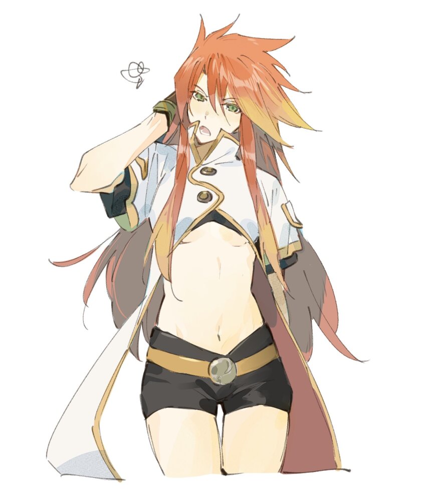 1girl arm_behind_head belt belt_buckle black_shorts breasts brown_belt buckle clothing_cutout cropped_legs genderswap genderswap_(mtf) gloves green_eyes highres jacket long_hair luke_fon_fabre midriff open_mouth orange_hair shorts sidelocks simple_background solo squiggle tales_of_(series) tales_of_the_abyss underboob white_background white_jacket xing_20