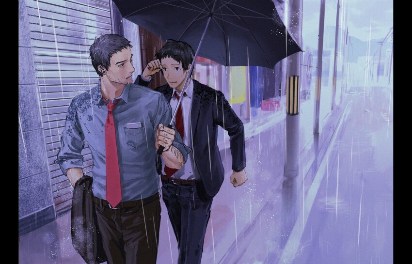 2boys adachi_tooru arm_hair beard_stubble black_border black_eyes black_hair black_jacket black_pants black_umbrella border doujima_ryoutarou facial_hair grey_shirt hand_on_own_head highres holding holding_jacket holding_umbrella holding_unworn_clothes jacket long_sleeves looking_at_another looking_back morrisuit multiple_boys necktie outdoors pants parted_lips persona persona_4 rain red_necktie shirt sleeves_rolled_up stubble umbrella unworn_jacket utility_pole water_drop white_shirt