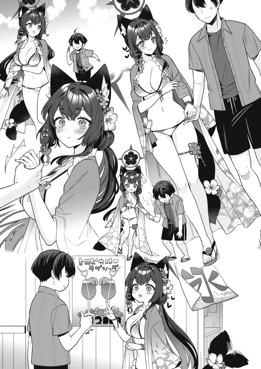 1boy 1girl animal_ears bikini black_shirt black_shorts blue_archive breasts cleavage commentary_request embarrassed floral_print flower fox_ears fox_girl fox_tail hair_between_eyes hair_flower hair_ornament highres holding_hands ichinomiya_(blantte) jacket jacket_on_shoulders japanese_clothes kimono large_breasts long_hair no_eyes shirt shorts sweatdrop swimsuit tail tail_flower tail_ornament thigh_strap wakamo_(blue_archive) wakamo_(swimsuit)_(blue_archive)