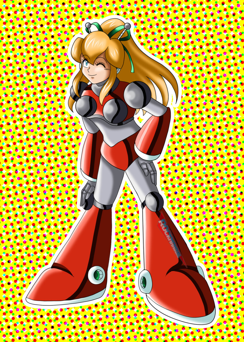 1girl ;) armor armored_boots armored_gloves artist_name bikini_armor blonde_hair blue_eyes boots breasts closed_mouth commentary commission english_commentary full_body green_ribbon hair_ribbon hairband hand_on_own_hip hand_on_own_leg headphones highres hyper_roll_(marvel_vs._capcom) joints knee_boots large_breasts long_hair looking_at_viewer marvel_vs._capcom mechanical_arms mechanical_boots mechanical_legs mega_man_(classic) mega_man_(series) one_eye_closed polka_dot polka_dot_background ponytail radio_antenna red_armor ribbon robot robot_girl robot_joints rockmangurlx roll_(mega_man) shoulder_armor sidelocks smile solo standing yellow_background