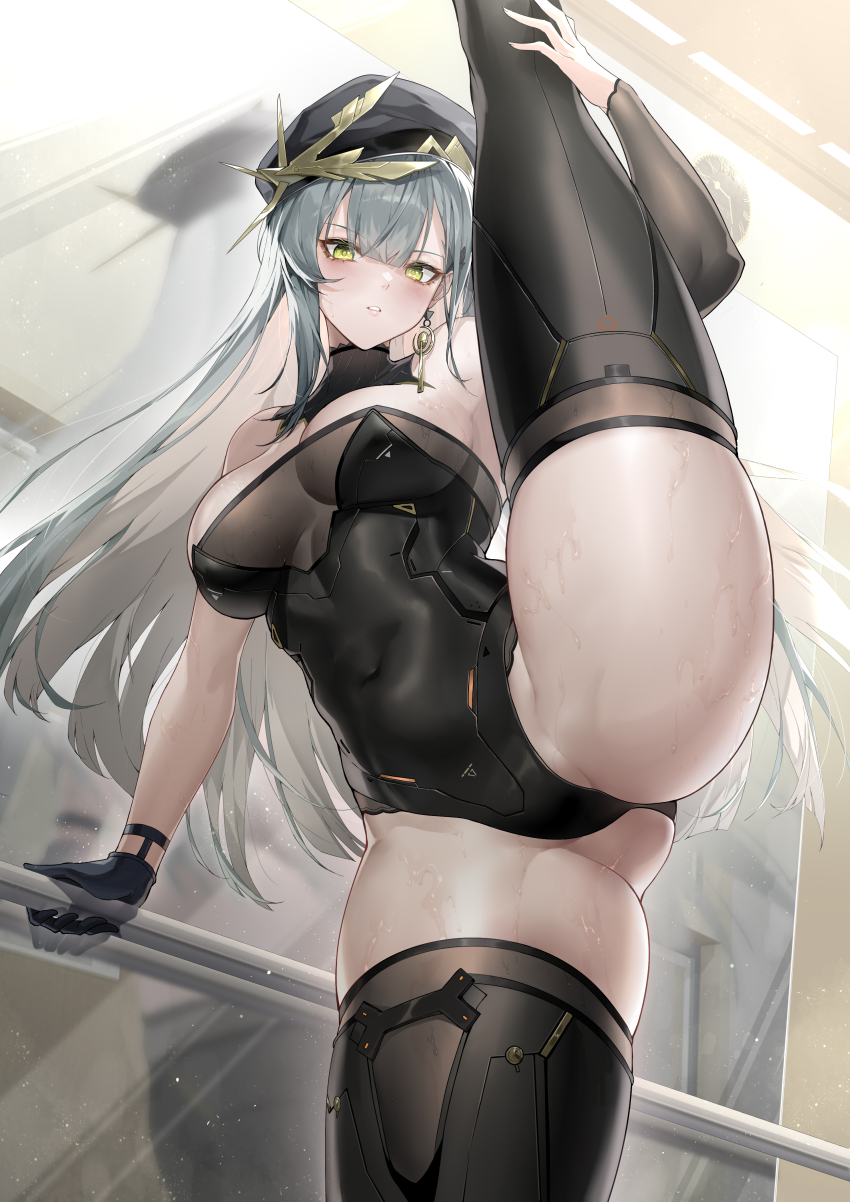 1girl absurdres aether_gazer bare_arms bare_shoulders black_gloves black_hat black_leotard black_thighhighs blush breasts character_request chinese_commentary commentary_request covered_navel earrings gloves gluteal_fold green_eyes grey_hair hat highleg highleg_leotard highres jewelry large_breasts leotard long_hair looking_at_viewer mirror parted_lips shanyao_jiang_tororo single_earring solo split standing standing_on_one_leg standing_split sweat thighhighs thighs