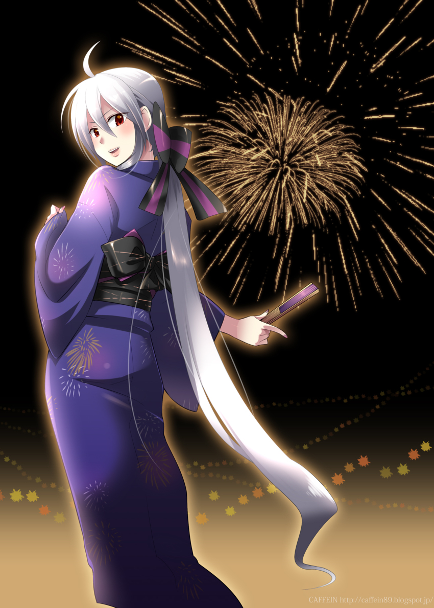 1girl caffein female_focus fireworks folded_fan folding_fan hand_fan highres holding holding_fan japanese_clothes long_hair nail_polish ponytail red_eyes solo very_long_hair vocaloid white_hair yowane_haku