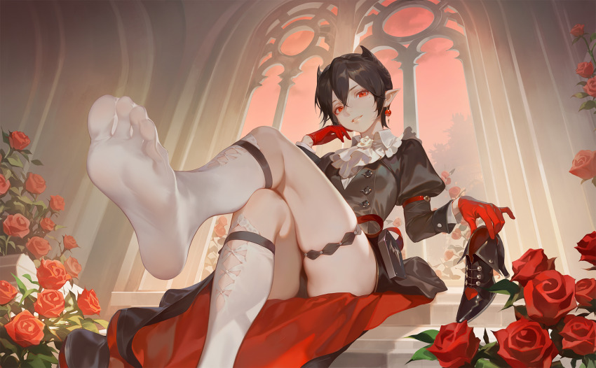 1girl arknights ascot black_dress black_hair black_panties black_shoes breasts crossed_legs dress earrings entelechia_(arknights) fanfanfanlove feet flower foot_focus gloves hand_on_own_cheek hand_on_own_face head_tilt high_heels highres holding holding_flower holding_shoes holding_unworn_clothes indoors jewelry juliet_sleeves kneehighs long_sleeves looking_at_viewer mole mole_under_eye no_shoes panties pantyshot parted_lips pointy_ears pouch puffy_sleeves red_eyes red_flower red_gloves red_rose rose shoes short_hair sitting skindentation small_breasts smile socks soles solo thigh_strap toes underwear unworn_shoes white_ascot white_flower white_rose white_socks wind