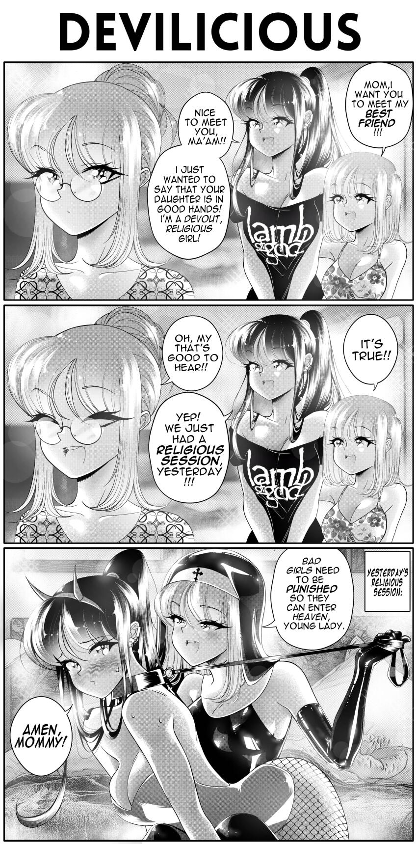 3girls 3koma absurdres band_shirt bdsm blush breasts collar comic commentary ear_piercing elbow_gloves english_commentary english_text fake_horns femdom glasses gloves greyscale grs- habit highres holding holding_leash horns lamb_of_god large_breasts latex latex_gloves leash liar lies medium_breasts merchandise monochrome mother_and_daughter multiple_girls nun off-shoulder_shirt off_shoulder open_mouth original pantyhose piercing ponytail sharon_(grs-) shiny_clothes shirt slave speech_bubble sweat talia_(grs-) yuri