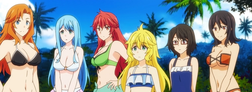 6+girls alice_corner bikini black_hair blonde_hair blue_eyes blue_hair breasts brown_eyes cleavage glasses green_eyes highres kenja_no_mago large_breasts long_hair lynn_hughes maria_von_messina multiple_girls olivia_stone orange_hair red_eyes red_hair sarong short_hair sicily_von_claude stitched swimsuit third-party_edit underboob very_long_hair yuri_carlton