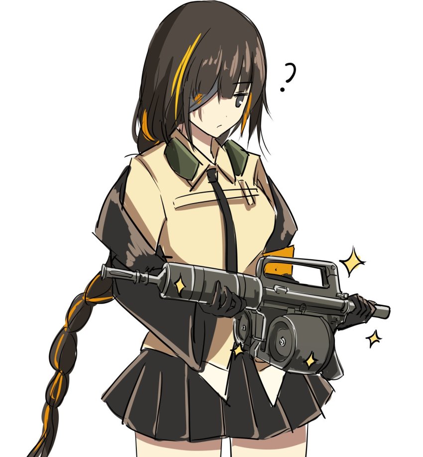 1girl ? assault_rifle beta_c-mag black_hair black_necktie braid braided_ponytail carbine commentary_request confused double-drum_magazine drum_magazine eyepatch female_focus girls&#039;_frontline gun haguruma_c high-capacity_magazine highres m16 m16a1 m16a1_(girls&#039;_frontline) m231_firing_port_weapon magazine_(weapon) metal_gear_(series) metal_gear_solid_3:_snake_eater necktie patriot_(metal_gear) rifle short-barreled_rifle single_braid skirt solo weapon