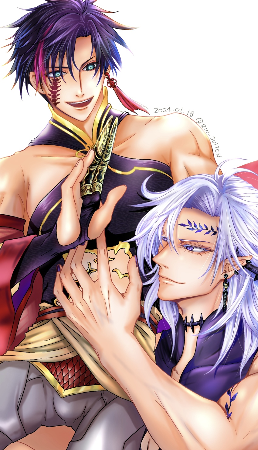 2boys absurdres arm_tattoo armor bare_shoulders black_gloves black_hair blue_eyes bulge centipede_tattoo cheek_tattoo chinese_clothes choker closed_mouth clothing_cutout collarbone earrings facial_tattoo forehead_tattoo gloves gold_armor gold_robe gold_trim hades_(shuumatsu_no_valkyrie) hand_up highres jewelry leaf_tattoo looking_at_another looking_down looking_up male_focus multicolored_hair multicolored_robe multiple_boys muscular muscular_male nail_armor obi open_mouth pants partially_fingerless_gloves pointy_ears purple_shirt qin_shi_huang_(shuumatsu_no_valkyrie) red_hair red_robe red_tassel red_trim robe sash shirt short_hair shuumatsu_no_valkyrie single_earring sitting sitting_on_person sitting_on_shoulder sleeveless sleeveless_shirt smile spiked_choker spikes stomach_cutout streaked_hair tassel tassel_earrings tattoo teeth toned toned_male two-tone_hair two-tone_robe upper_teeth_only white_hair white_pants yellow_robe