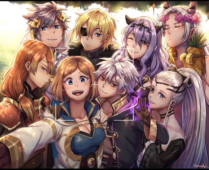 4boys 4girls armor aura belt belt_buckle blonde_hair blue_eyes blush breasts buckle camilla_(fire_emblem) cleavage commentary dark_persona dimitri_alexandre_blaiddyd earrings eir_(fire_emblem) evomanaphy female_kiran_(fire_emblem) fire_emblem fire_emblem:_three_houses fire_emblem_echoes:_shadows_of_valentia fire_emblem_fates fire_emblem_heroes flower food freckles freyr_(fire_emblem) fruit fur_trim gloves grima_(fire_emblem) group_picture hair_between_eyes hair_ornament headgear highres hrid_(fire_emblem) jewelry kiran_(fire_emblem) luthier_(fire_emblem) male_robin_(fire_emblem) male_robin_(grima)_(fire_emblem) multicolored_hair multiple_boys multiple_girls nintendo orange_hair outdoors pineapple purple_eyes purple_hair red_eyes smile smug taking_picture v viewfinder white_hair