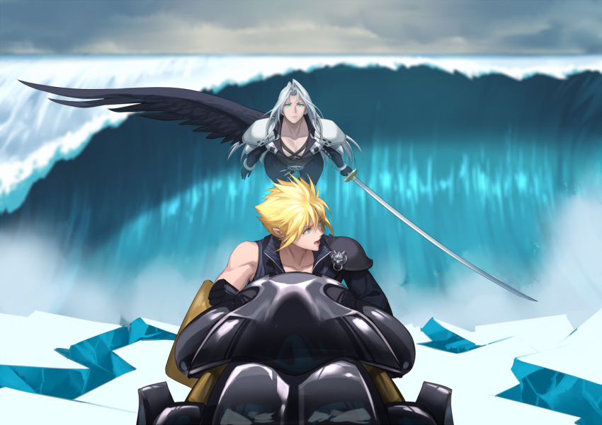 2boys aqua_eyes armor black_gloves black_jacket black_shirt black_wings blonde_hair blurry blurry_background chest_strap cloud_strife collarbone eilinna feathered_wings final_fantasy final_fantasy_vii final_fantasy_vii_advent_children flying gloves grey_hair hair_between_eyes holding holding_sword holding_weapon jacket long_bangs long_hair looking_back male_focus masamune_(ff7) motorcycle multiple_boys on_motorcycle outdoors parted_bangs parted_lips popped_collar sephiroth shirt short_hair shoulder_armor single_bare_shoulder single_wing spiked_hair sword waves weapon wings