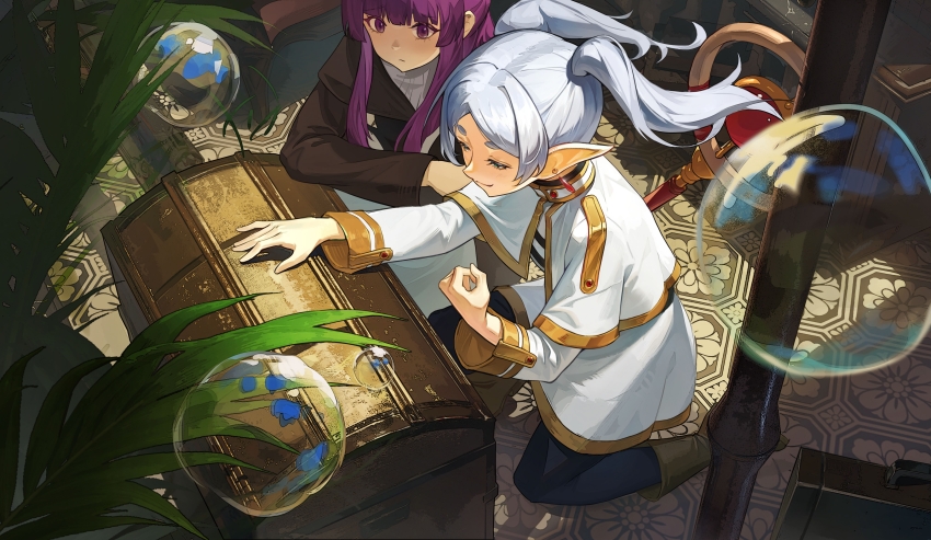 2girls absurdres black_jacket capelet carpet chinese_commentary closed_mouth commentary_request dress earrings elf fern_(sousou_no_frieren) frieren glint grey_eyes grey_hair half-closed_eyes highres indoors jacket jewelry kneeling long_hair long_sleeves making-of_available medium_hair multiple_girls on_floor parted_bangs plant pointy_ears purple_eyes purple_hair smile soap_bubbles sousou_no_frieren staff tianqing_zhaoxue treasure_chest twintails water white_capelet white_dress