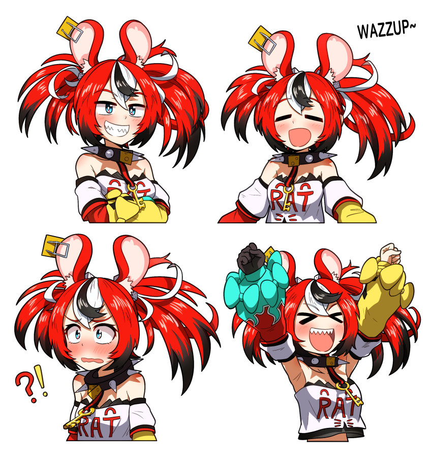 !? &gt;_&lt; 1girl :d =_= absurdres animal_ears asymmetrical_hair bare_shoulders black_collar black_gloves black_hair chibi collar commentary crop_top ddolbang detached_sleeves ear_ornament embarrassed english_commentary gloves grin hakos_baelz highres hololive hololive_english layered_sleeves long_sleeves mouse_ears mouse_girl mousetrap multicolored_hair multiple_views open_mouth puffy_detached_sleeves puffy_sleeves red_hair sharp_teeth shirt short_over_long_sleeves short_sleeves single_glove smile spiked_collar spikes strapless strapless_shirt streaked_hair teeth twintails uneven_twintails virtual_youtuber white_hair white_shirt xd
