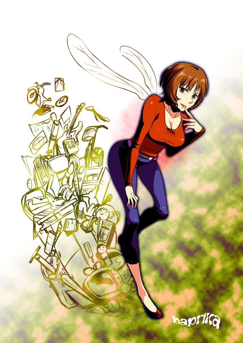 00s 1girl breasts brown_hair caffein cleavage female_focus hand_on_own_knee highres kon_satoshi large_breasts paprika paprika_(character) red_eyes short_hair solo wings