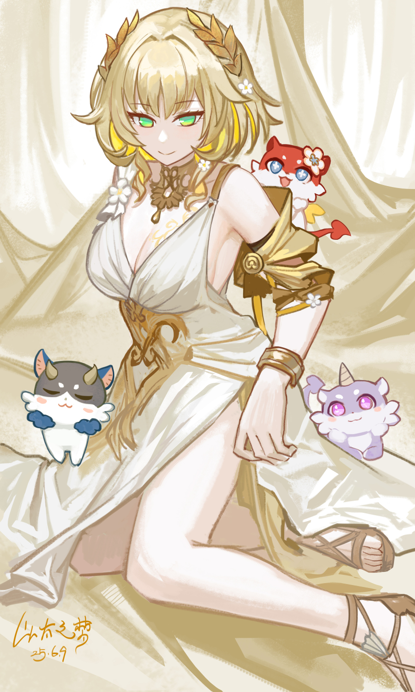 1girl absurdres aglaea_(honkai:_star_rail) animalization blonde_hair bracelet breast_tattoo breasts castorice_(honkai:_star_rail) chimera_(honkai:_star_rail) chinese_commentary cipher_(honkai:_star_rail) cleavage commentary_request dress gold_bracelet gold_tattoo green_eyes highres honkai:_star_rail honkai_(series) jewelry large_breasts laurel_crown sandals short_hair smile tattoo toes tribbie_(honkai:_star_rail) white_dress yitai_zhi_meng