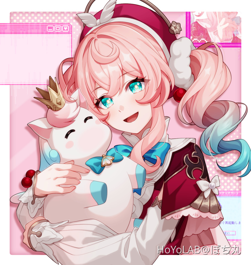 1girl aqua_bow aqua_bowtie aqua_eyes aqua_hair bow bowtie dress drill_hair gradient_hair hat highres honkai:_star_rail honkai_(series) hyacine_(honkai:_star_rail) little_ica_(honkai:_star_rail) long_hair long_sleeves medium_hair multicolored_hair open_mouth pink_hair pochimaru_(marumaru_wanwan) red_dress red_hat smile solo twintails two-tone_hair unicorn