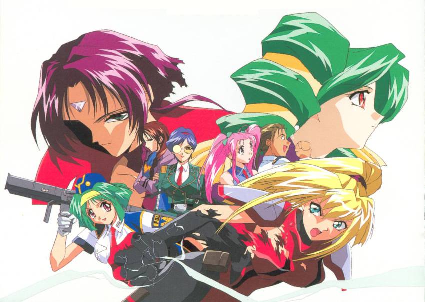 1990s_(style) 1boy 6+girls android axia_(burn-up_w) blonde_hair blue_eyes blue_hair bow brown_hair burn-up burn-up_w crossed_arms glasses green_hair hair_bow highres holding holding_weapon jinguu_maya kawazaki_maki kinezono_rio lilica_evett long_hair maria_(burn-up_w) multiple_girls nanvel_candlestick open_mouth pink_eyes pink_hair police police_uniform policewoman ponytail red_eyes retro_artstyle rocket_launcher rpg_(weapon) short_hair simple_background torn_clothes twintails weapon white_background yamashita_toshinari
