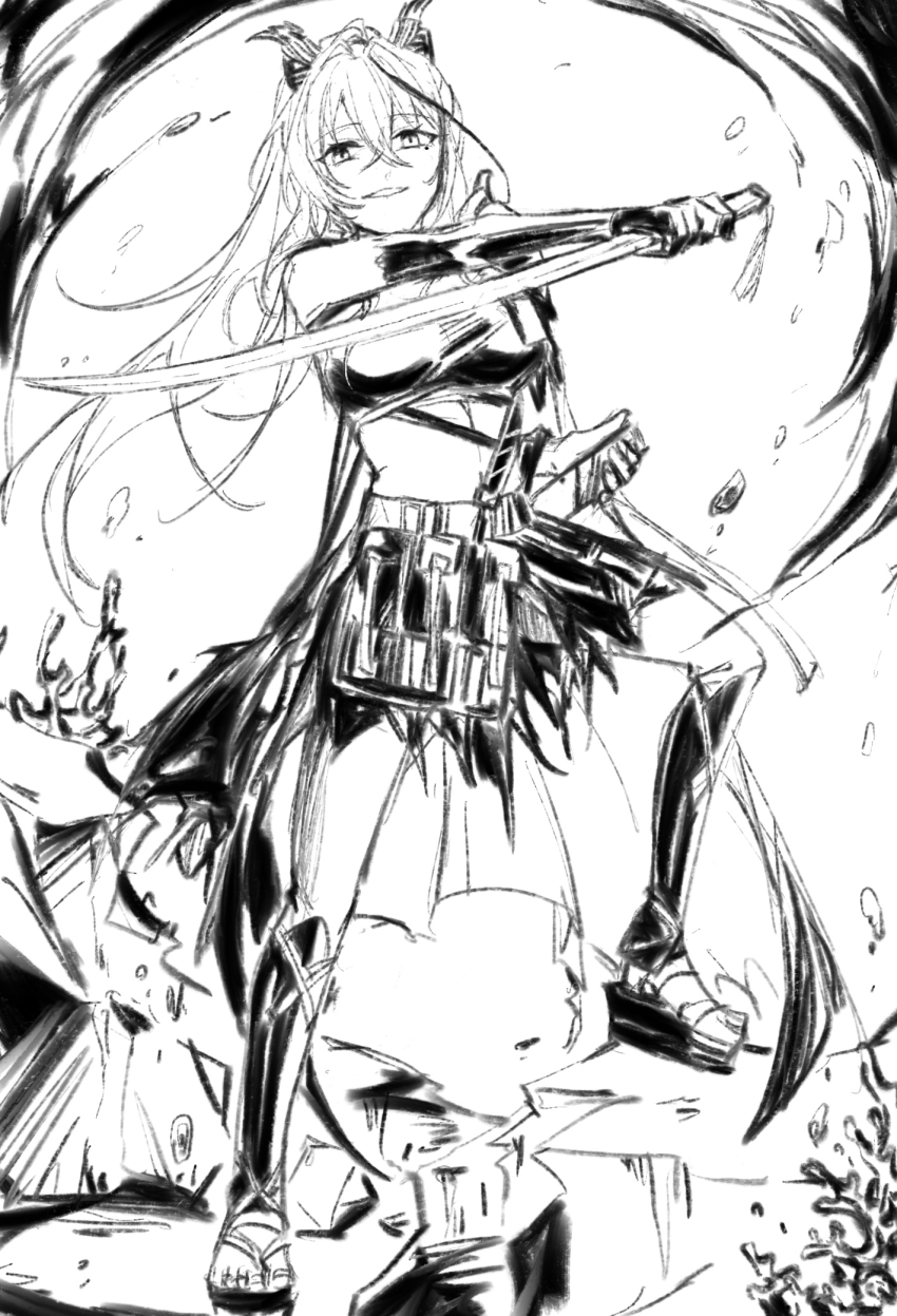 1girl akafuyu_(arknights) arknights black_shirt burning chinese_commentary crop_top fire flaming_sword flaming_weapon full_body grin hair_between_eyes highres holding holding_sword holding_weapon katana long_hair looking_at_viewer midriff_peek pantyhose rock scabbard schwarzcrz sheath shirt smile solo standing sword teeth translation_request weapon white_background