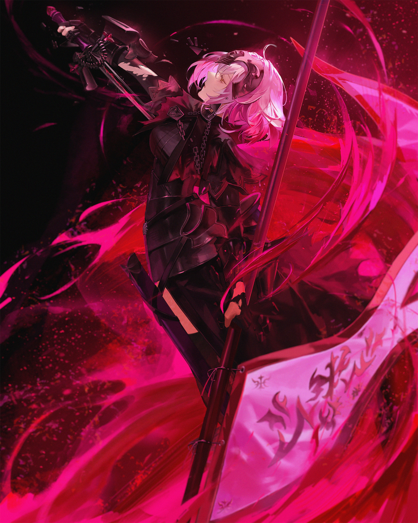 1girl armor armored_dress black_dress black_thighhighs breasts chain collar daeraeband dress fate/grand_order fate_(series) faulds flag gauntlets grey_hair headpiece highres jeanne_d&#039;arc_alter_(avenger)_(fate) jeanne_d&#039;arc_alter_(fate) large_breasts metal_collar plackart polearm short_hair solo sword thighhighs thighs weapon yellow_eyes