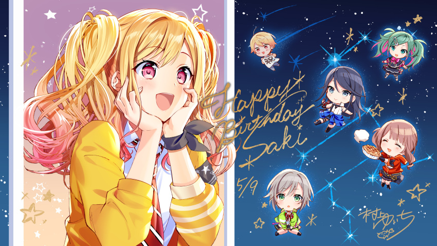 1boy 5girls :d ^_^ absurdres aqua_eyes black_hair blonde_hair blue_eyes blue_jacket character_name chibi chibi_inset closed_eyes clothes_around_waist commentary_request constellation food gradient_hair green_eyes green_hair green_jacket grey_hair guest_art hands_on_own_chest happy_birthday hatsune_miku highres hinomori_shiho holding holding_food hoshino_ichika_(project_sekai) jacket jacket_around_waist leo/need_(project_sekai) leo/need_miku mochizuki_honami multicolored_hair multiple_girls murakami_yuichi necktie open_mouth orange_eyes pie pink_eyes pink_hair project_sekai red_necktie safety_pin_hair_ornament second-party_source shirt short_hair siblings signature smile solo_focus tenma_saki tenma_tsukasa tongue twintails vocaloid white_shirt yellow_jacket