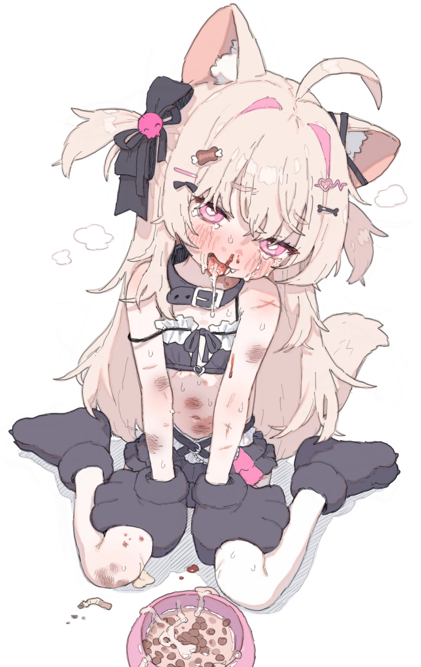 1girl animal_ears animal_hands bowl bruise commentary commission english_commentary flat_chest gloves hair_ornament highres indie_virtual_youtuber injury long_hair paw_gloves paw_shoes pet_bowl pink_eyes possummachine ryona simple_background sitting solo tail virtual_youtuber white_background