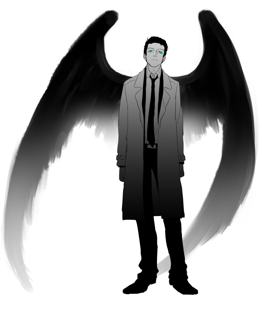 1boy angel arms_at_sides belt blue_eyes castiel closed_mouth coat collared_shirt commentary_request full_body highres kemu_(19002265km) looking_at_viewer male_focus monochrome necktie shirt short_hair solo spot_color supernatural_(tv_series)