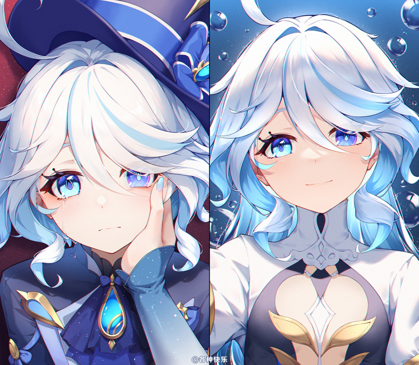 2girls blue_brooch blue_dress blue_eyes blue_gemstone blue_hair blue_headwear blue_jacket cowlick dress drop-shaped_pupils furina_(genshin_impact) ge_zhong_kuaile gem genshin_impact hand_on_own_cheek hand_on_own_face hat heterochromia jacket light_blue_hair long_hair mismatched_pupils multiple_girls purple_eyes short_hair smile spoilers symbol-shaped_pupils top_hat white_dress