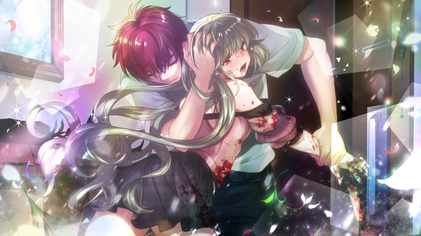 1boy 1girl belt black_belt black_pants black_skirt blood blood_on_clothes blood_on_face closed_eyes closed_mouth couple cowboy_shot door entrance game_cg green_hair hand_on_another&#039;s_head highres higurashi_no_naku_koro_ni higurashi_no_naku_koro_ni_mei holding_another&#039;s_wrist indoors kimiyoshi_natsumi kitchen_knife kitou_en long_hair lower_teeth_only miniskirt non-web_source official_art open_mouth pants pink_shirt pleated_skirt red_eyes red_hair red_petals shirt short_sleeves skirt snowing teeth toudou_akira u_u white_shirt