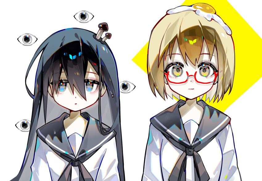 2girls black_hair black_neckerchief black_sailor_collar blonde_hair blue_eyes diamond_(shape) disembodied_eye expressionless food food_on_head fried_egg glasses highres hiro_(yoshi_chan) long_hair multiple_girls mushroom_on_head neckerchief object_on_head red-framed_eyewear sailor_collar school_uniform shimeji_simulation shirt short_hair smile tsukishima_shijima white_background white_shirt yamashita_majime yellow_eyes