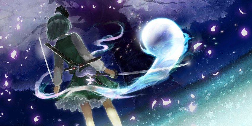 1girl artist_request cherry_blossoms commentary dual_wielding english_commentary falling_petals flower frilled_skirt frills from_behind game_cg green_skirt green_vest grey_hair hairband highres hitodama holding holding_sword holding_weapon katana konpaku_youmu konpaku_youmu_(ghost) long_sleeves multiple_swords official_art outdoors petals pink_petals saigyou_ayakashi sheath shirt short_hair skirt skirt_set solo sword third-party_source touhou touhou_lostword unsheathed vest weapon white_shirt