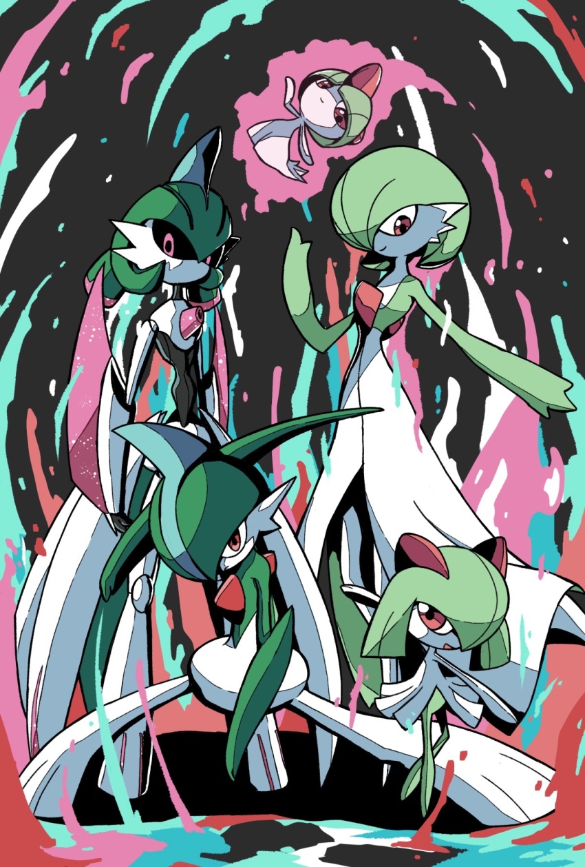 1boy 1girl 2025 3others abstract_background arm_blade armor black_sclera blue_hair bob_cut colored_sclera colored_skin commentary dress floating full_body gallade gardevoir gen_3_pokemon gen_4_pokemon gen_9_pokemon green_hair green_skin hair_over_one_eye hand_up happy highres iron_valiant joints kirlia looking_at_viewer mohawk multicolored_hair multicolored_skin multiple_others nintendo no_mouth one_eye_covered onigiri_debu open_mouth outline pink_eyes pixel_eyes pokemon pokemon_(creature) pokemon_focus pokemon_sv ralts red_eyes robot robot_joints serious short_hair smile squatting standing sword two-tone_hair two-tone_skin waist_cape weapon white_armor white_dress white_skin