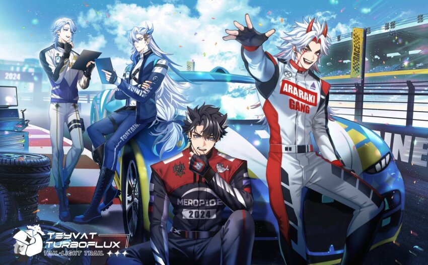 2024 4boys arataki_itto arm_up black_footwear black_gloves black_hair black_jumpsuit blue_bow blue_eyes blue_hair blue_jacket blue_pants blue_sky boots bow brown_eyes car clipboard clothes_writing cloud collared_jacket colored_inner_hair commentary confetti day ear_piercing earrings english_commentary eyeliner facepaint facial_scar fangs finger_to_mouth fingerless_gloves genshin_impact gloves grey_hair hair_between_eyes hair_bow hair_ornament hair_over_shoulder hand_up hands_up holding holding_clipboard horns id_card jacket jewelry jumpsuit kamisato_ayato light_particles long_hair long_sleeves looking_at_another looking_at_viewer low-tied_long_hair makeup male_focus medium_hair melusine_(genshin_impact) motor_vehicle multicolored_hair multicolored_jacket multiple_boys neuvillette_(genshin_impact) on_car oni_horns open_clothes open_jacket open_mouth outdoors pants parted_bangs piercing pointy_ears pouch purple_eyes race_vehicle racecar racing_suit red_hair red_horns scar scar_on_cheek scar_on_face shirt short_hair sitting sky smile stadium standing sticker streaked_hair stud_earrings teeth thick_eyebrows thigh_pouch thigh_strap tongue toolbox turtleneck two-tone_jacket upper_teeth_only v-shaped_eyebrows very_long_hair wheel white_hair white_jacket white_jumpsuit white_pants white_shirt wriothesley_(genshin_impact) zipper