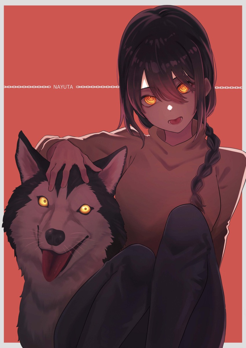 1girl 1other absurdres braid braided_ponytail chain chainsaw_man character_name hair_over_shoulder highres husky kuro_chibe looking_at_viewer nayuta_(chainsaw_man) open_mouth orange_background ringed_eyes simple_background sweater tongue tongue_out yellow_eyes