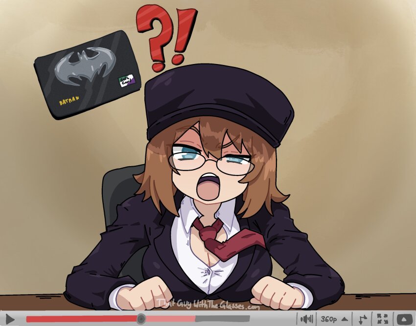 !? 1girl bat_credit_card black_hat black_jacket blue_eyes breasts brown_hair cleavage collared_shirt commentary credit_card doug_walker english_commentary fake_play_button fake_screenshot fake_video fruithead genderswap genderswap_(mtf) glasses hat highres indoors jacket large_breasts necktie nostalgia_critic open_mouth play_button red_necktie shirt solo suit_jacket user_interface volume_symbol white_shirt