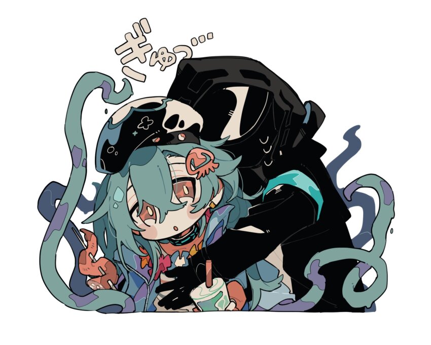 1boy 1other :o arknights black_headwear black_jacket blue_hair blue_jacket blush_stickers cosplay cropped_torso crying doctor_(arknights) flower flower_necklace highres hood hooded_jacket hug hug_from_behind infection_monitor_(arknights) jacket jellyfish_hair_ornament jewelry lei mask mizuki_(arknights) mizuki_(summer_feast)_(arknights) necklace official_alternate_costume orange_eyes remu_(kudarizaka_25) simple_background tentacles white_background