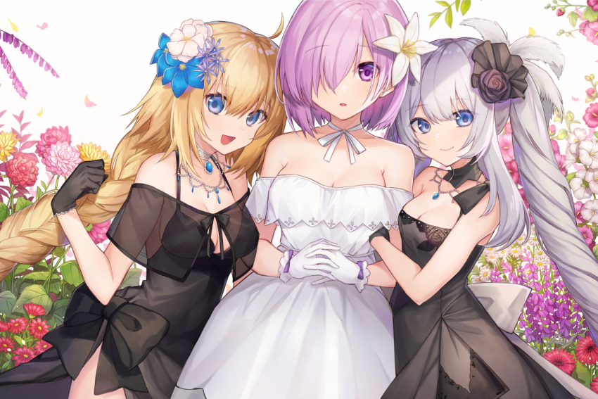 3girls :d arm_hug bad_id bad_pixiv_id bare_shoulders black_bow black_dress black_gloves black_ribbon blonde_hair blue_eyes blue_flower blush bow braid breasts cleavage clematis_(flower) closed_mouth commentary_request coyucom dress fate/grand_order fate_(series) flower girl_sandwich gloves grey_hair hair_between_eyes hair_flower hair_ornament hair_over_one_eye hair_ribbon hand_up interlocked_fingers jeanne_d&#039;arc_(fate) jeanne_d&#039;arc_(formal_dress)_(fate) jeanne_d&#039;arc_(ruler)_(fate) jewelry long_hair looking_at_viewer marie_antoinette_(fate) marie_antoinette_(formal_dress)_(fate) mash_kyrielight mash_kyrielight_(formal_dress) medium_breasts multiple_girls off_shoulder official_alternate_costume open_mouth own_hands_together parted_lips pendant pink_flower purple_eyes purple_hair red_flower ribbon sandwiched see-through_clothes short_hair single_braid sleeveless sleeveless_dress smile strapless strapless_dress twintails very_long_hair white_dress white_flower white_gloves yellow_flower