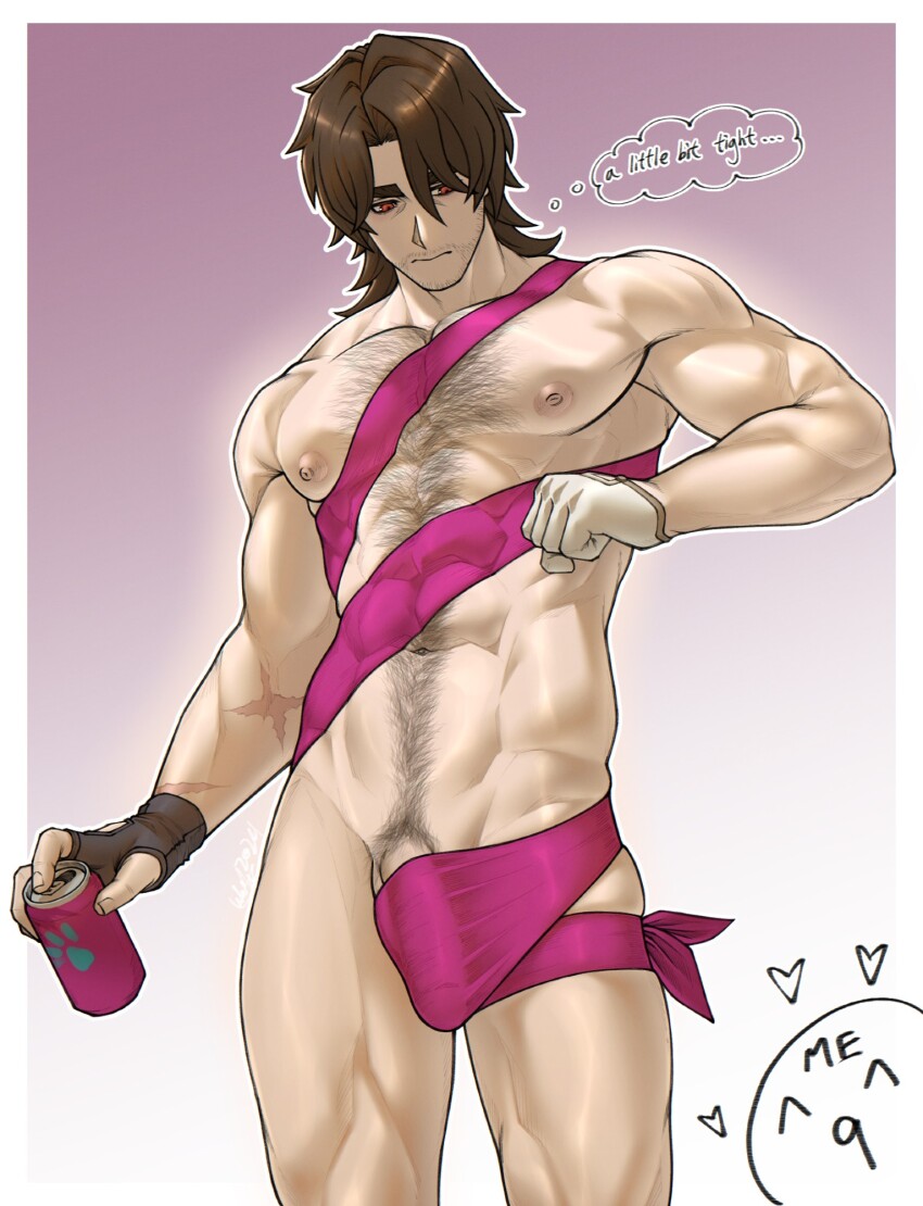1boy ^_^ ^q^ abs bara beard_stubble brown_gloves brown_hair bulge can chest_hair closed_eyes closed_mouth commentary drink_can english_commentary english_text facial_hair fingerless_gloves gallagher_(honkai:_star_rail) gloves highres holding holding_can honkai:_star_rail honkai_(series) looking_down male_focus meme muscular muscular_male navel nipples nude nude_guy_wrapped_in_ribbons_standing_(meme) pectorals penis penis_peek red_eyes ribbon soda_can speech_bubble stubble thought_bubble white_gloves wyatt.w