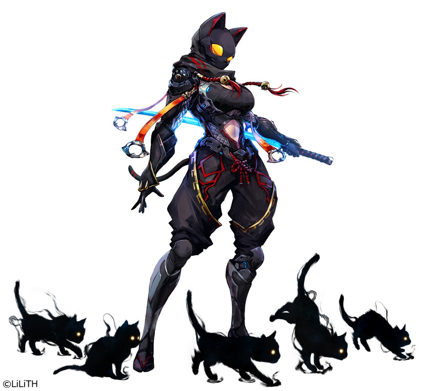 1girl armor bell breasts cat fake_tail full_body gloves highres holding holding_sword holding_weapon igawa_sakura k-suwabe katana large_breasts lilith-soft navel neko neko-sensei ninja official_art shadow solo sword tail taimanin_(series) taimanin_rpgx weapon yellow_eyes