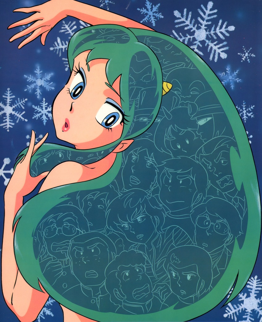 1girl 6+boys absurdres arm_up bald bare_shoulders blue_background blue_eyes blue_eyeshadow buzz_cut cherry_(urusei_yatsura) chibi_(urusei_yatsura) clenched_hand dracula_(urusei_yatsura) drooling eyeshadow fangs gakuran glasses green_hair hair_slicked_back hanawa_(urusei_yatsura) hard_hat hat helmet highres horns kakugari_(urusei_yatsura) long_hair looking_back looking_up makeup megane_(urusei_yatsura) mendou_shuutarou moroboshi_ataru multiple_boys necktie non-web_source official_art oni oni_horns onsen-mark open_mouth ozuno_tsubame parted_lips perm_(urusei_yatsura) pink_lips pointy_ears prince_of_the_underground_(urusei_yatsura) rei_(urusei_yatsura) school_uniform short_hair sidelocks simple_background single_horn snowflakes space_taxi_driver_(urusei_yatsura) takada_akemi top_hat uni_(urusei_yatsura) upper_body urusei_yatsura very_short_hair