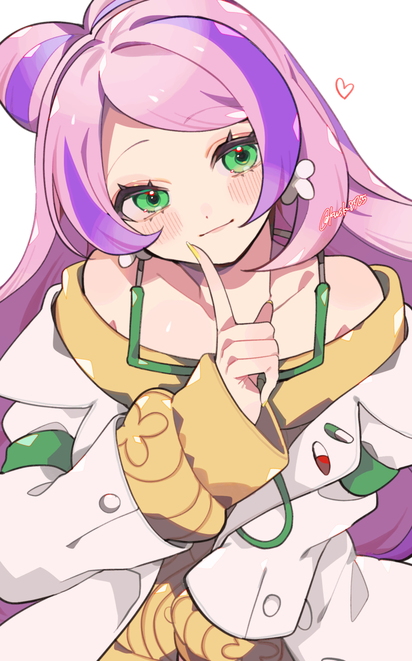 1girl bare_shoulders blush closed_mouth coat collarbone earrings eyelashes flower_earrings green_eyes heart highres jewelry kawasaki_(kwsk_8765) long_hair long_sleeves looking_at_viewer miriam_(pokemon) multicolored_hair nail_polish nintendo pink_hair pokemon pokemon_sv purple_hair smile solo sweater twitter_username two-tone_hair white_background white_coat yellow_nails yellow_sweater