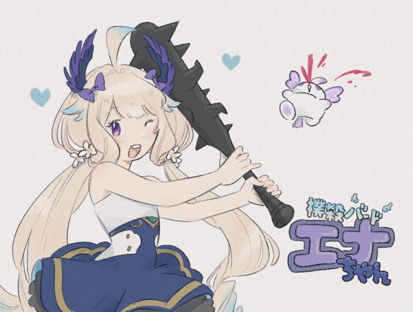 1girl ahoge aloupeep_(enna_alouette) blonde_hair blood blush bokusatsu_tenshi_dokuro-chan bow character_name club club_(weapon) dot_nose dress enna_alouette enna_alouette_(1st_costume) excalibolg excessive_nosebleed hair_bow head_wings heart highres holding holding_club holding_weapon long_hair low_twintails miso_tanu nijisanji nijisanji_en nosebleed one_eye_closed open_mouth purple_eyes sleeveless sleeveless_dress spiked_club twintails very_long_hair virtual_youtuber weapon wings